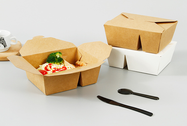 One-Time Catering Double Grid Takeaway Packaging Box Thickened Lunch Box Packed Kraft Paper Lunch Box (Door Delivery Included)