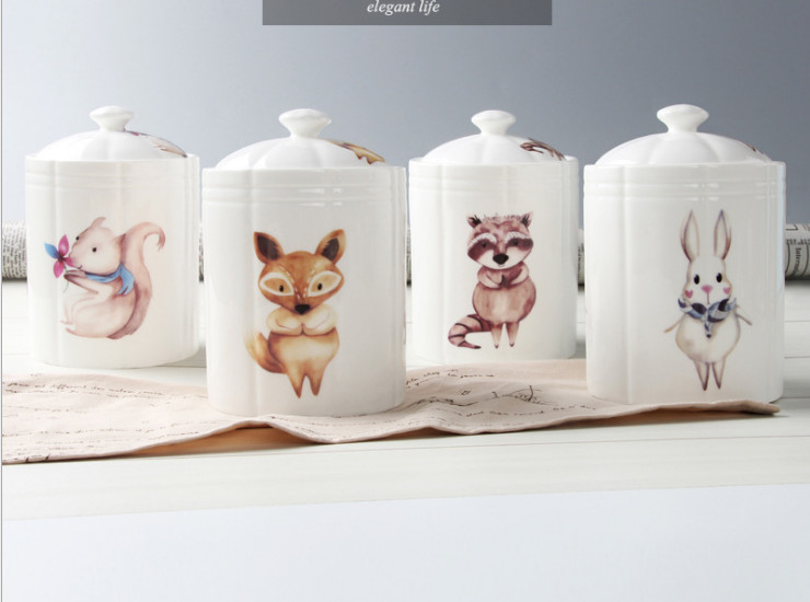 其他厨房陶瓷用品 密封罐 创意卡通陶瓷可爱动物厨房储物密封罐茶叶罐糖罐咖啡罐