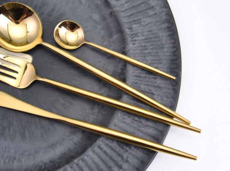 葡萄牙 創意設計 鏡面金色304不銹鋼牛排刀叉勺 咖啡勺4件套