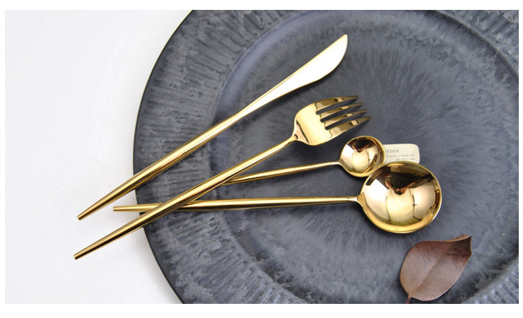 葡萄牙 創意設計 鏡面金色304不銹鋼牛排刀叉勺 咖啡勺4件套