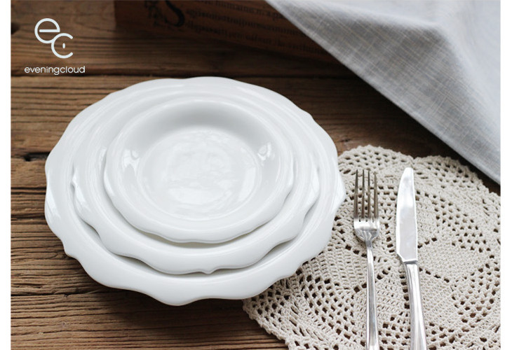 純白創意不規則餐具異形花邊西餐盤子蛋糕點心碟飯菜盤西餐廳