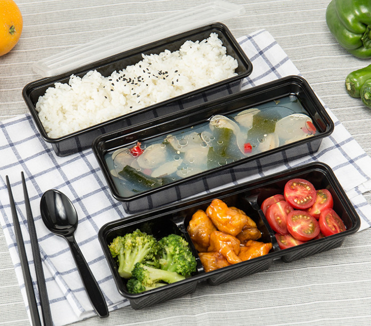 (Ready One-time Disposables 3-Grid Meal Box) (Box /150 Sets) Disposable 3-Grid Rectangular Lunch Box With Lid Thickened