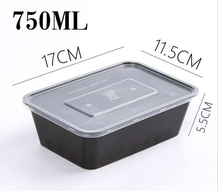 (即取一次性外賣餐具現貨) (300套/箱) 長方形一次性餐盒塑料外賣打包加厚飯盒 快餐便當盒 黑色/透明 750/1000ML