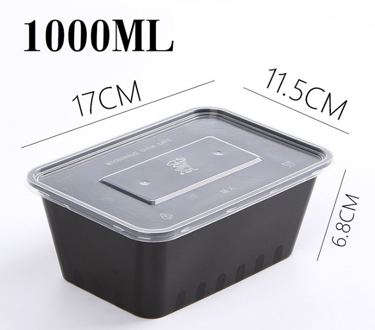 (Ready One-time Disposables Take-away Tableware) (300 Set/Box) Rectangular Disposable Lunch Box Plastic Disposal Packing Thickened Lunch Box Fast Lunch Box Black/Transparent 750/1000ML