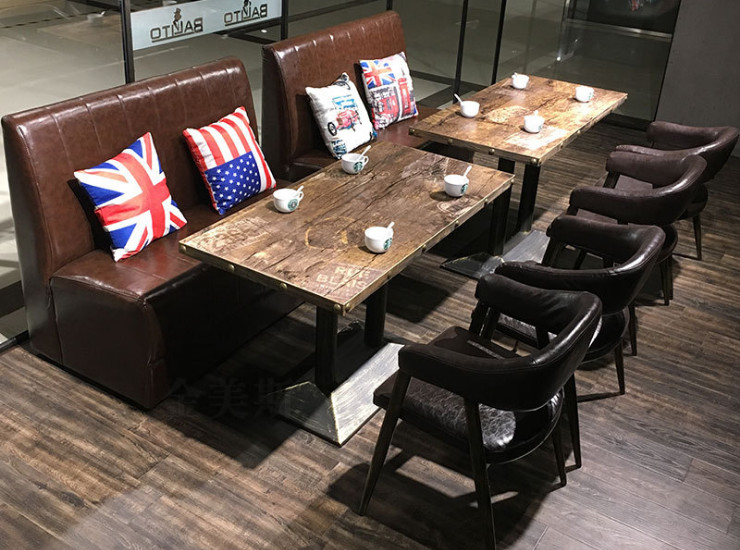 餐厅 咖啡厅桌椅组合奶茶甜品饭店实木卡座椅西餐厅复古休闲沙发椅 (运费另报)