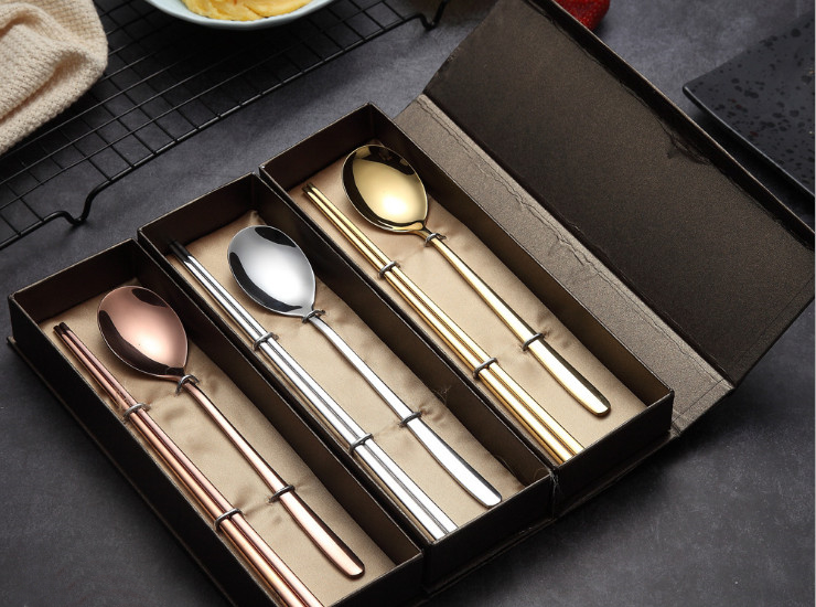 不銹鋼304 韓式勺筷套裝兩件套 勺子方筷子餐具 促銷禮品