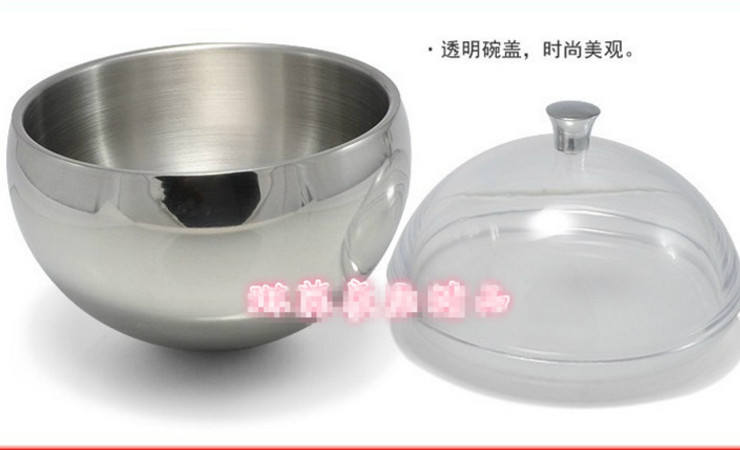不銹鋼雙層冰粒碗 球形冰桶 透明蓋冰碗 沙拉碗 帶蓋冰粒桶