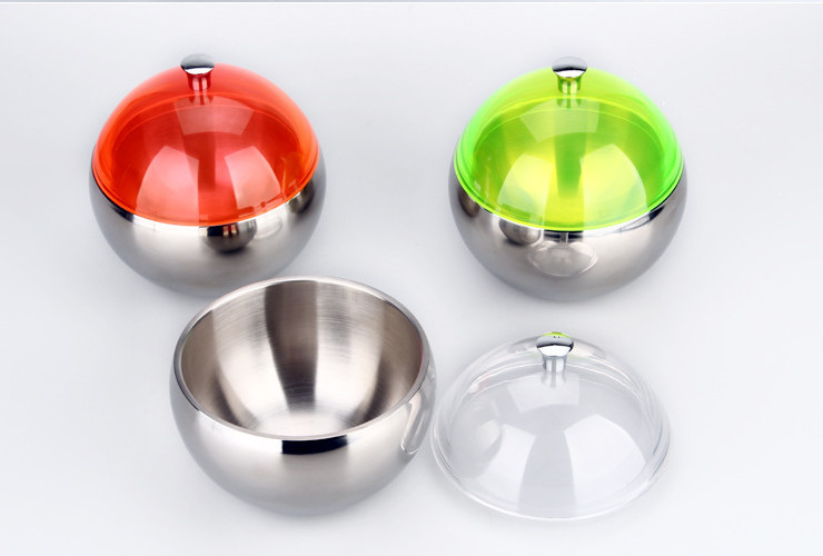 不銹鋼雙層冰粒碗 球形冰桶 透明蓋冰碗 沙拉碗 帶蓋冰粒桶