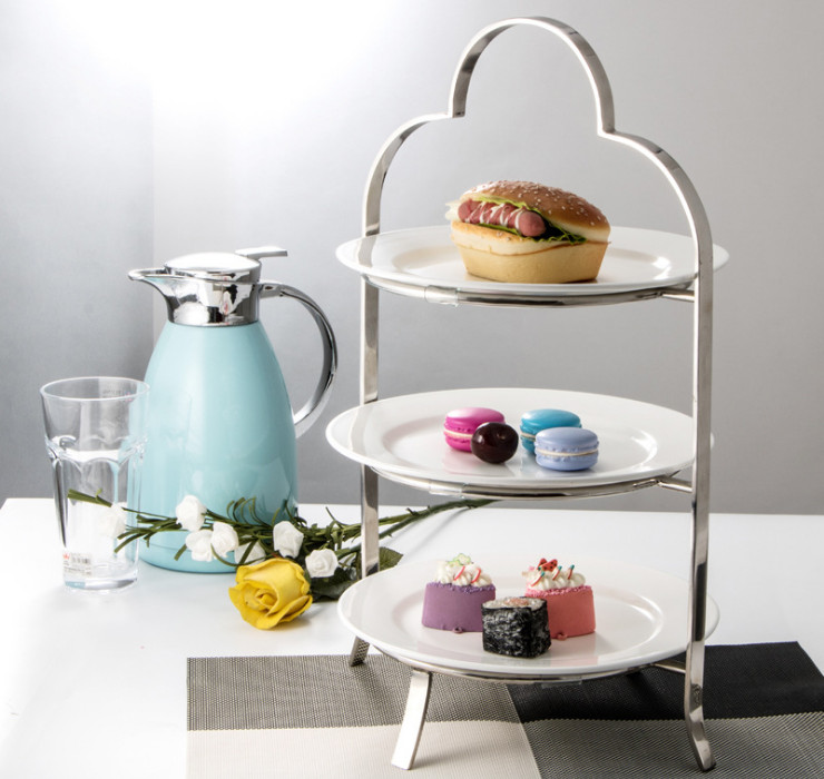 Stainless Steel Three-Layer Ceramic Snack Tray Holder European Cake Tray Fruit Tray Golden Dessert Table Decoration