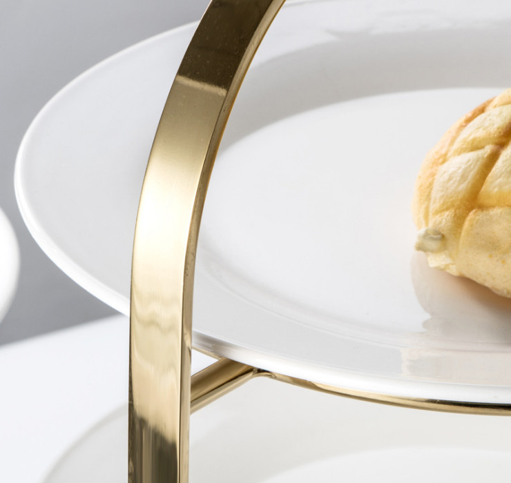 不銹鋼三層陶瓷點心盤支架 歐式蛋糕盤水果托盤 金色甜品台擺件