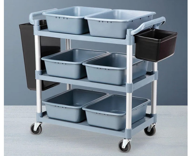 (Instant-Pick Multi-Purpose Three-Layer Dinner Plate Collection Cart Ready Stock) Thick Round Tube Three-Layer Plastic Dinner Plate Collection Cart Under The Tray Medium/Large Black/Grey Multi-Purpose Dining Trolley