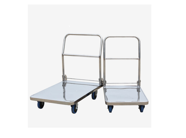Thick Stainless Steel Hotel Trolley Flat Trailer Folding Van Supermarket Trolley Tool Cart Silent Round