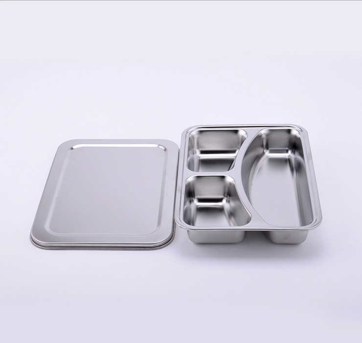加厚加深四格餐盒帶蓋分格 飯盒不銹鋼餐盒飯盤快餐盤外送快餐盒